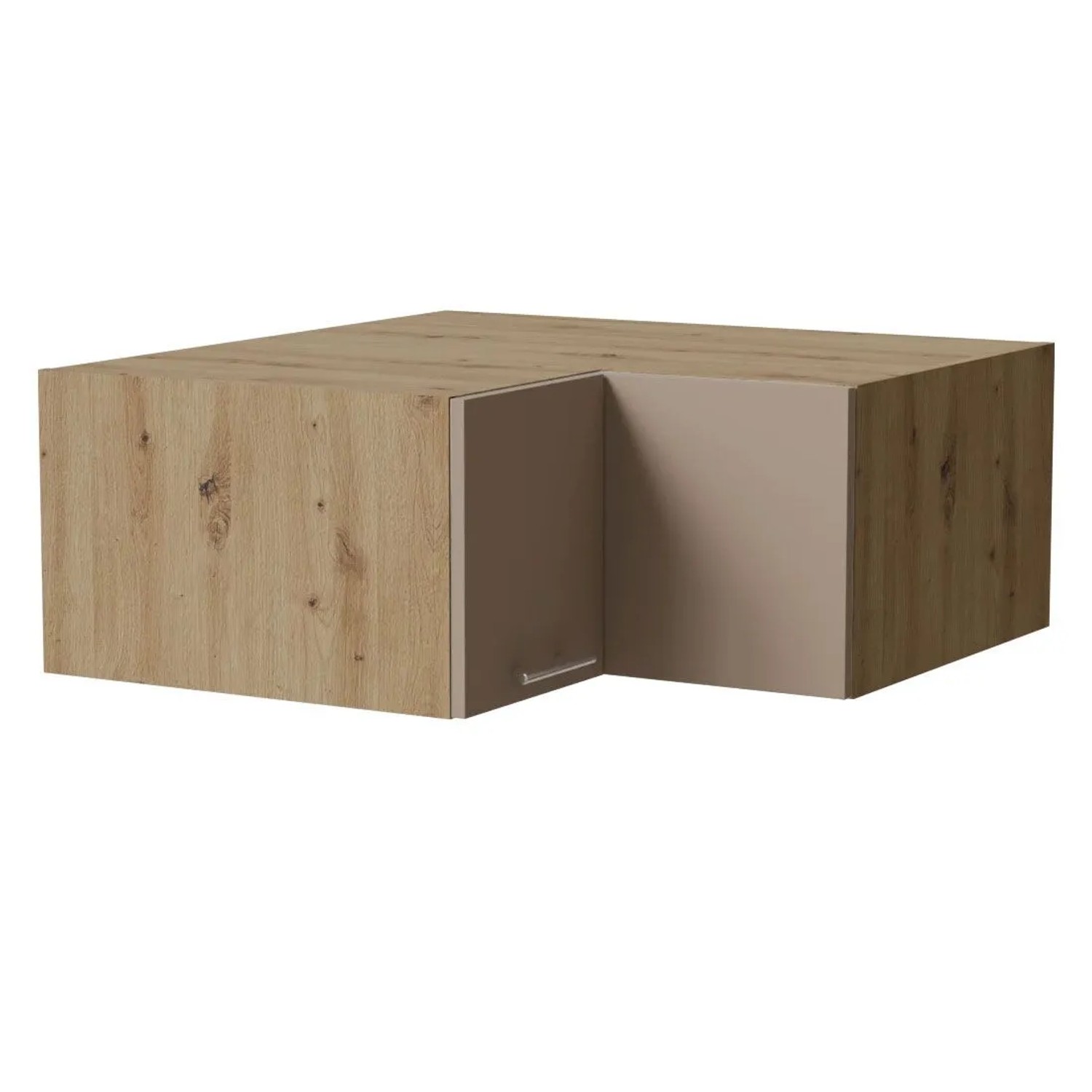 Eckaufsatzschrank Brerra in Eiche Artisan und graubeige matt. 2-türiger Küchenschrank mit Reling-Metallgriff.