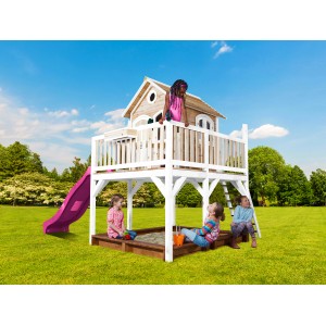 Axi Liam Spielhaus mit lila Rutsche und Sandkasten, Kinder spielen im Garten.