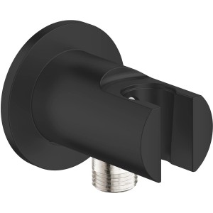 Schwarzer Grohe Vitalio Universal Abgangsbogen mit Wandhalterung für Duschzubehör.