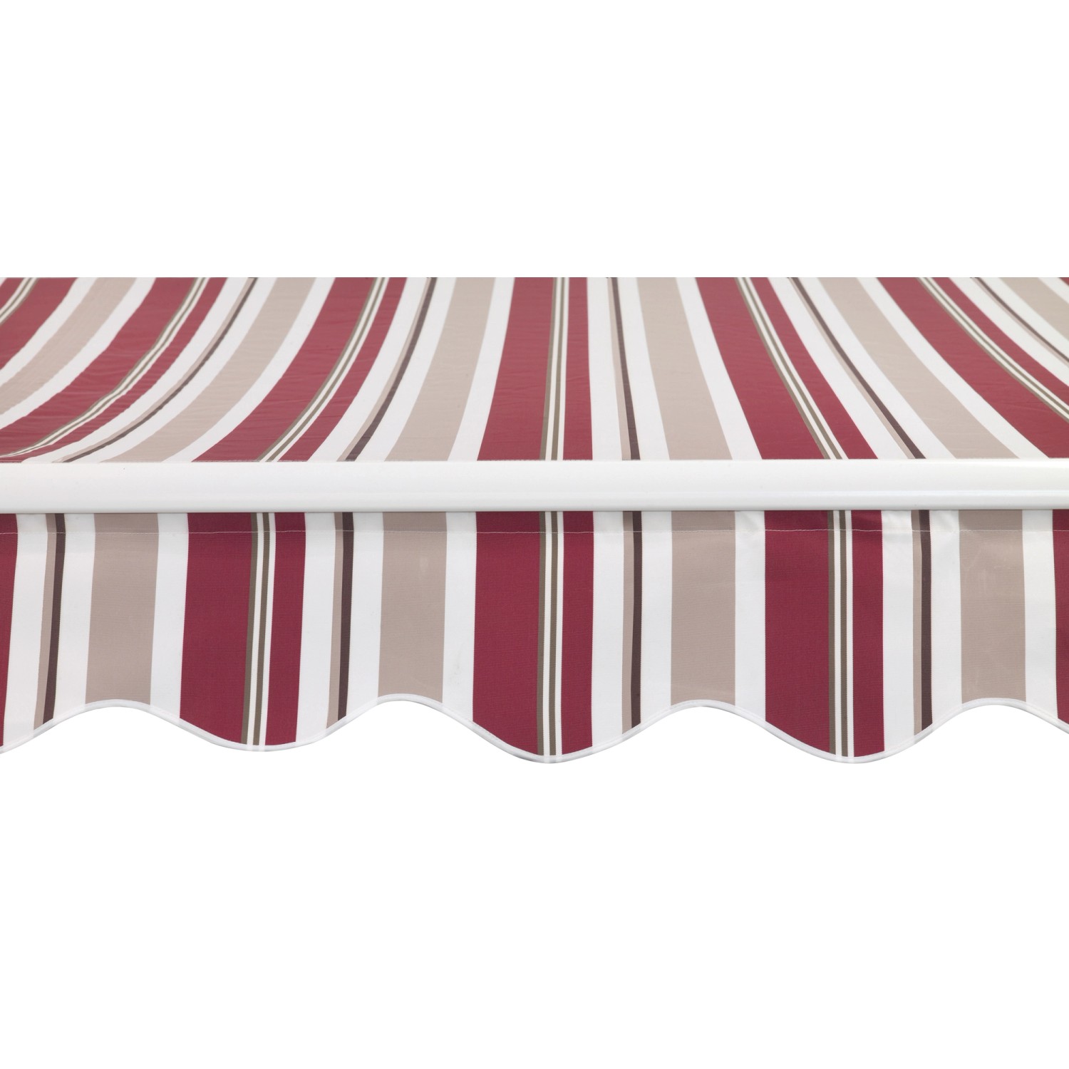 Gelenkarmmarkise Aventura 3x2m mit Streifen in Bordeaux, Beige und Weiß.
