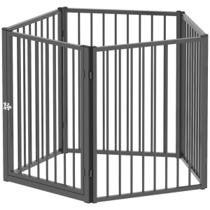 Schwarzer PawHut Welpenauslauf aus Stahl, modular mit Tür, als Freilaufgehege für Haustiere. Flexibles Gitter.