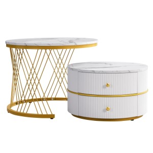 okwish Couchtisch Set mit Marmoroptik Schubladen Nesting 60x60x46cm 50x50x31cm Goldfarben