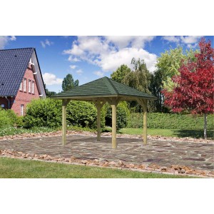 Quadratischer Karibu Pavillon Varberg 1 mit grünem Schindeldach, Holz kesseldruckimprägniert.