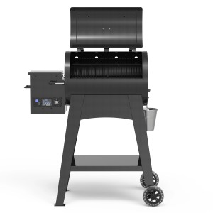 Schwarzer Pit Boss FB500 Pelletgrill mit offenem Deckel. Ideal zum Grillen und BBQ.