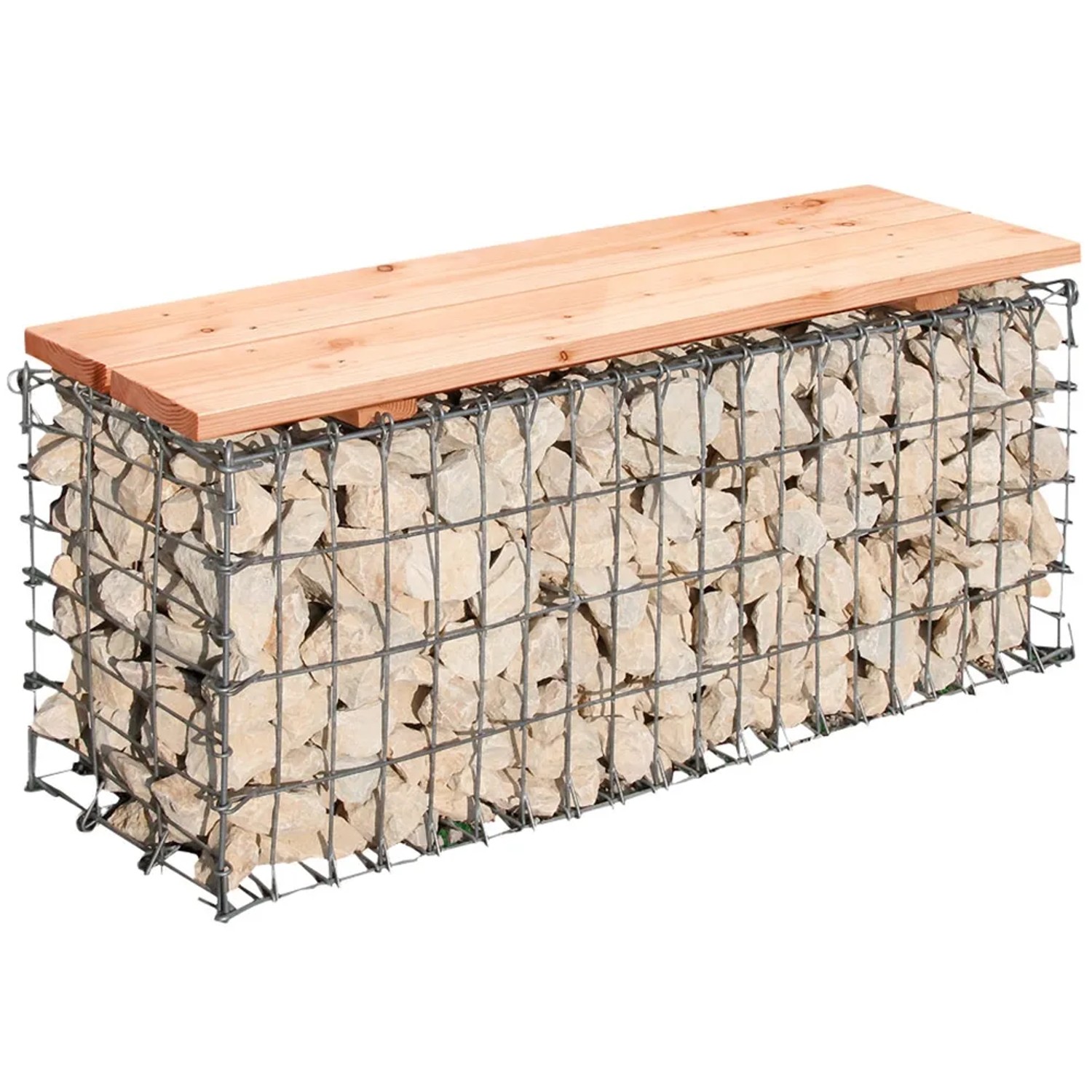 Gabionen-Gartenbank (100x46x30cm) mit Holzauflage, gefüllt mit hellen Steinen.
