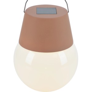 Braune Solar-LED-Leuchte, Ø 10 cm, 12,5 cm hoch, für den Außenbereich.
