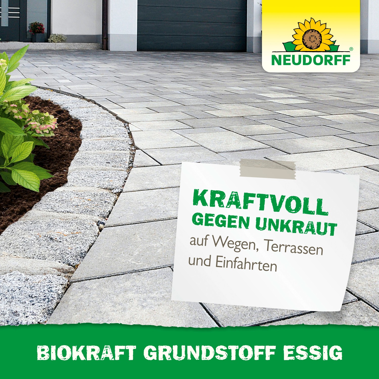 Neudorff Grundstoff Essig Biokraft gegen Unkraut auf Wegen und Terrassen.