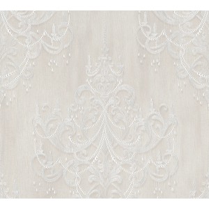 Vliestapete mit Barock Kronleuchter Muster in Weiß und Grau.