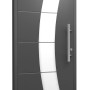 Moderne anthrazitfarbene Aluminium Haustür mit Glaseinsatz und Edelstahlgriff.