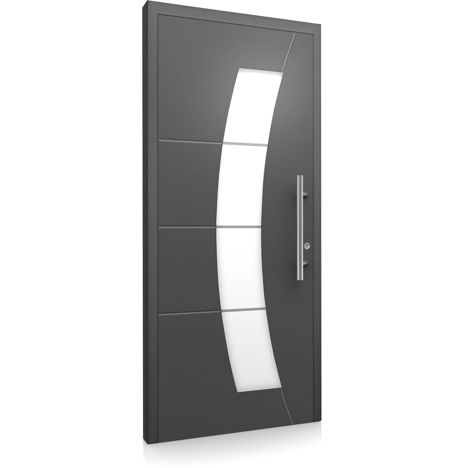 Moderne anthrazitfarbene Aluminium Haustür mit Glaseinsatz und Edelstahlgriff.