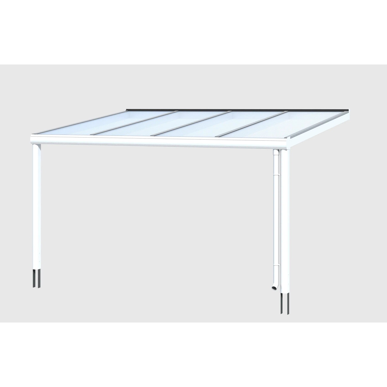 Weiße Terrassenüberdachung Genua aus Aluminium mit klarer Doppelstegplatte, 434 x 307 cm.