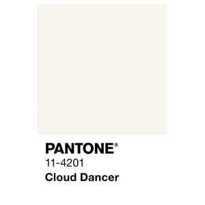 Farbkarte Alpina Innenfarbe Pantone Cloud Dancer, ein zartes Gebrochenes Weiß. Matte Wandfarbe.
