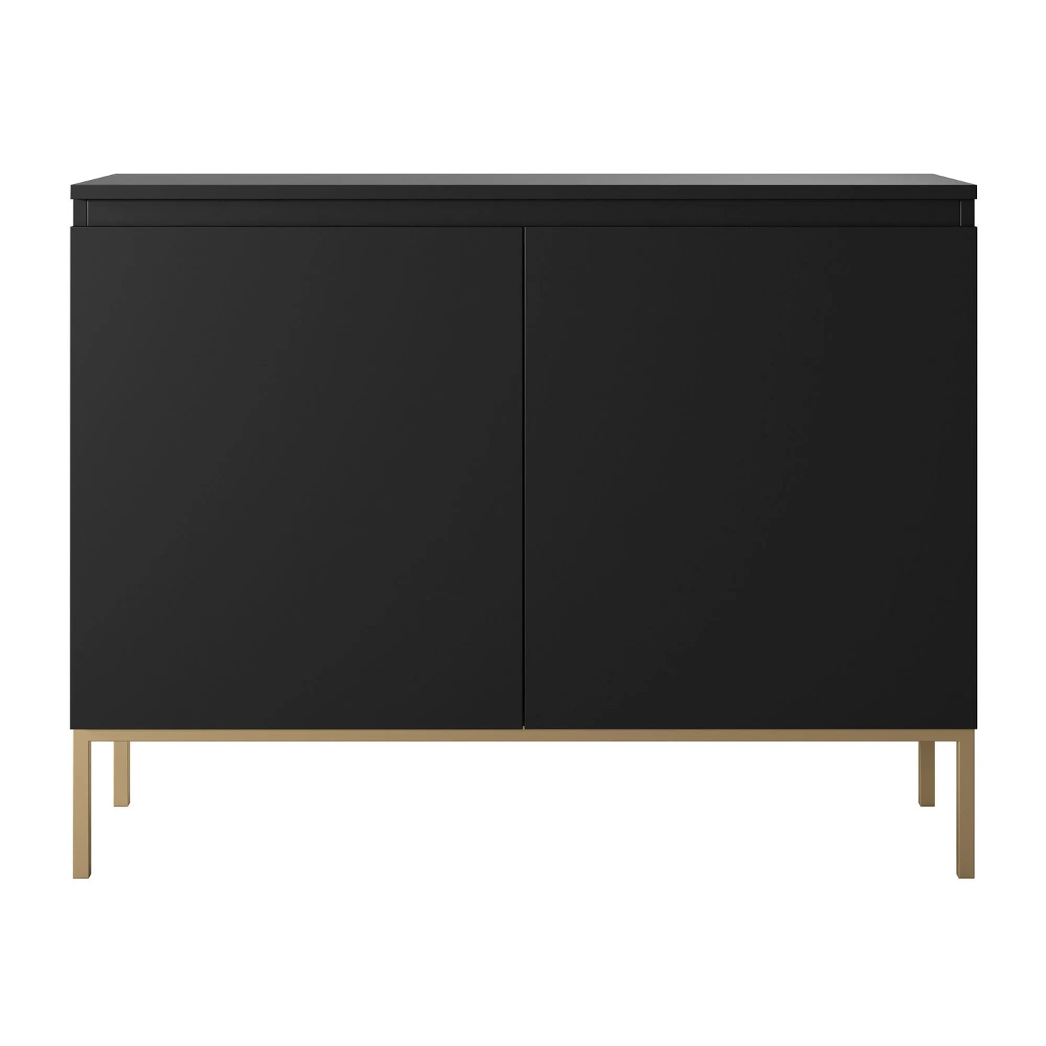 Schwarzes Selsey Bemmi Sideboard mit grifflosen Türen und goldenen Beinen. Modernes Design für Stauraum.