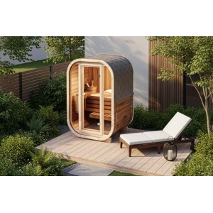 FinnTherm Fasssauna Ellipso S aus Thermoholz mit bronzierter Glastür und Fensterfront.