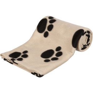 Beige Jollypaw Fleecedecke Janno (150x100 cm) mit schwarzen Pfotenabdrucken, gerollt.