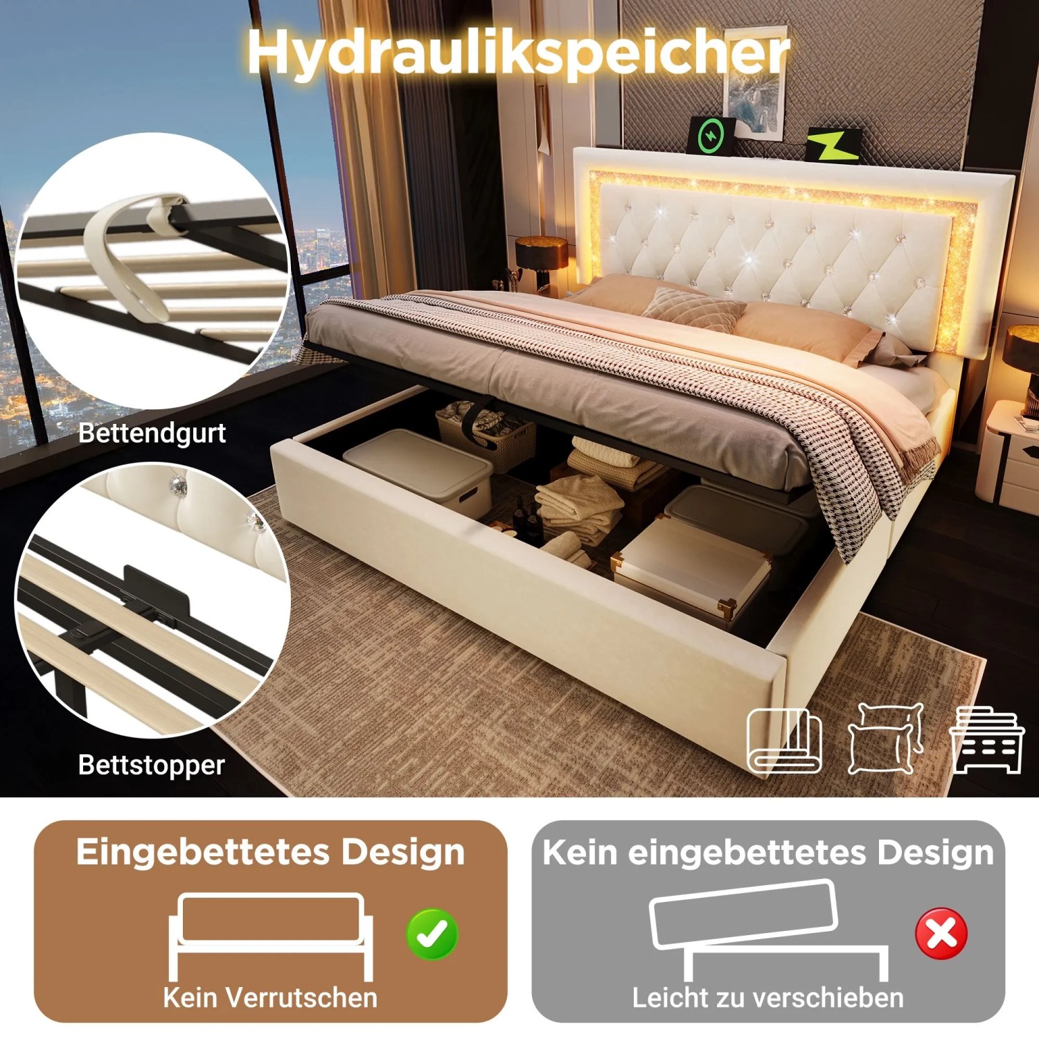 okwish Polsterbett 140x200cm mit LED Stauraum Jugendbett Beige ohne Matratze_7