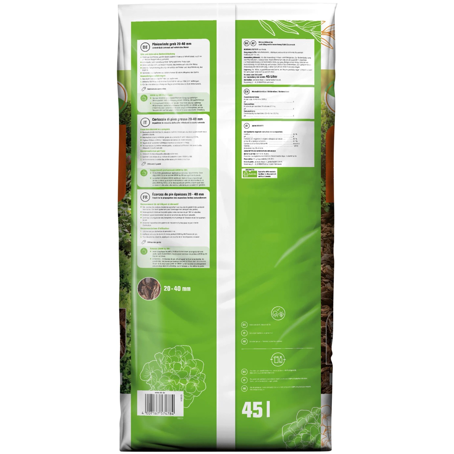Sack GROW by OBI Pinienrinde grob 20-40mm, 45l zur Beetabdeckung und Unkrautunterdrückung.