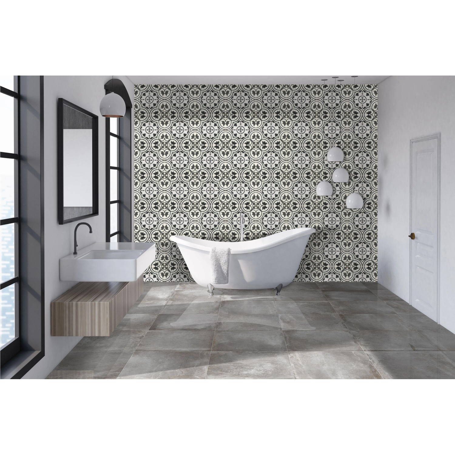 Badezimmer mit grauen Bodenfliesen, Feinsteinzeug, matt, 20x20 cm, kombiniert mit gemusterter Wand.