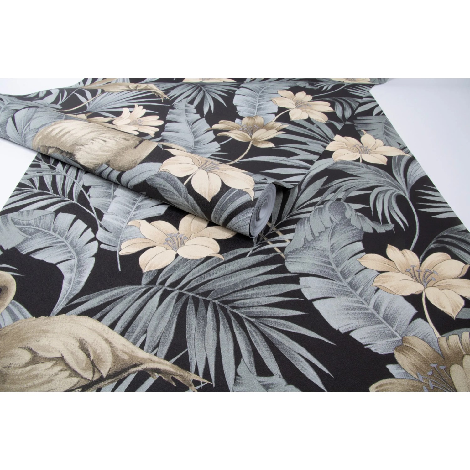 Superfresco Easy Vliestapete Sandrine Tropics Dark mit floralem Dschungel-Motiv.