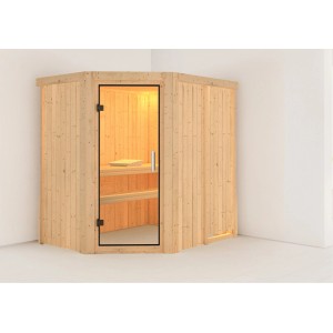 Karibu Sauna Cleo Natur, Elementsauna mit Glastür, Bänken und Ofenschutzgitter.