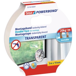 Tesa Powerbond Transparent Montageband, 5m x 19mm, für unsichtbare Befestigungen.
