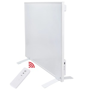 Weißes E2 Heizpaneel Infrae² Complete Frame S 500 W mit Fernbedienung und Standfüßen.