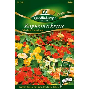 Samentüte Quedlinburger Kapuzinerkresse Whirlybird Mischung mit bunten, essbaren Blüten.