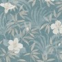 Vliestapete mit Blumen- und Dschungelmotiv in Beige und Blau. Dekorative Tapete mit leichter Struktur.