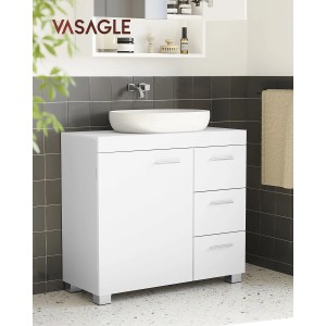 Weißer Vasagle Waschbeckenunterschrank (30x70x64 cm) mit Tür und 3 Schubladen.
