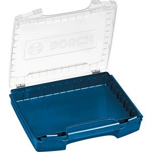 Offener, leerer Bosch Professional i-Boxx 72 Werkzeugkoffer mit transparentem Deckel.