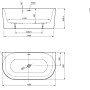 Technische Zeichnung der weißen Ottofond Badewanne Mince, 155 cm, mit Maßangaben.