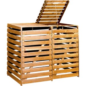 Honigbraune Mülltonnenbox für 2 Tonnen aus imprägniertem Holz, eine Tonne mit geöffnetem Deckel.