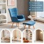 Blauer Ohrensessel mit passendem Hocker aus Kordstoff und Holzbeinen. Modernes Loungesessel-Set für Wohnzimmer.