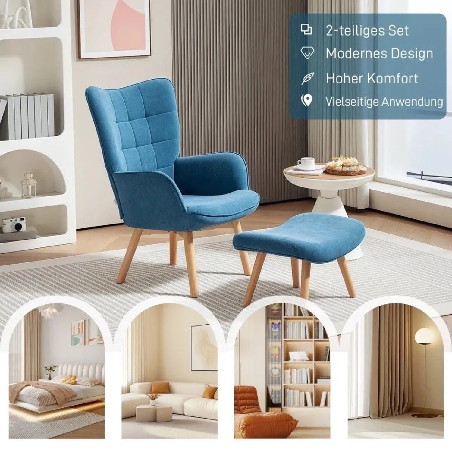 Blauer Ohrensessel mit passendem Hocker aus Kordstoff und Holzbeinen. Modernes Loungesessel-Set für Wohnzimmer.
