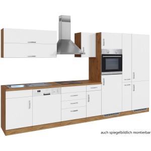 Küchenzeile Sorrento 360 cm in Weiß-Wotaneiche mit E-Geräten wie Herd, Ofen und Geschirrspüler.
