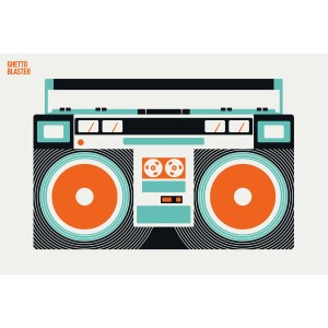 Fototapete Ghetto Blaster in Türkis, Orange, Schwarz und Weiß, 4,00 m x 2,70 m, FSC®-zertifiziert.