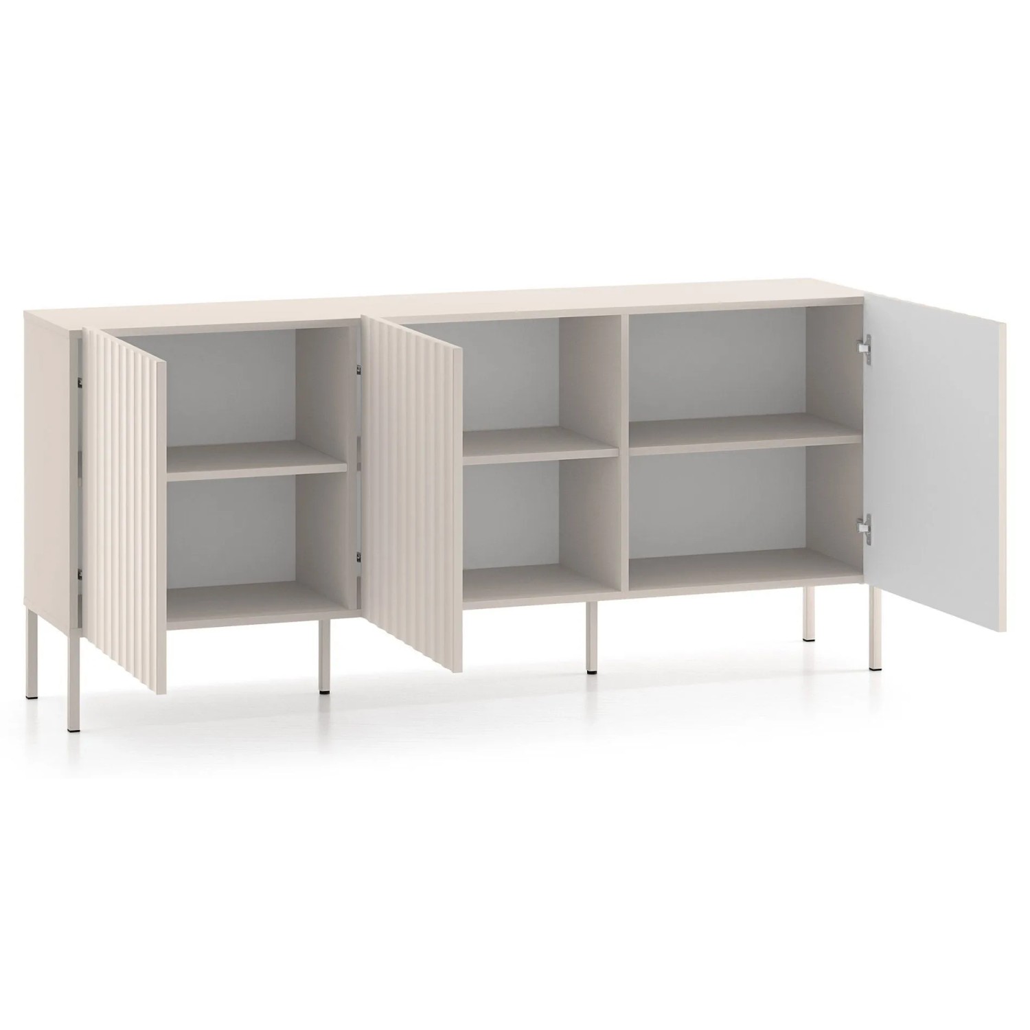 Selsey Sideboard Derriva, 170 cm, Kaschmir. Modernes dreitüriges Sideboard mit gerillten Fronten und sechs Regalfächern.