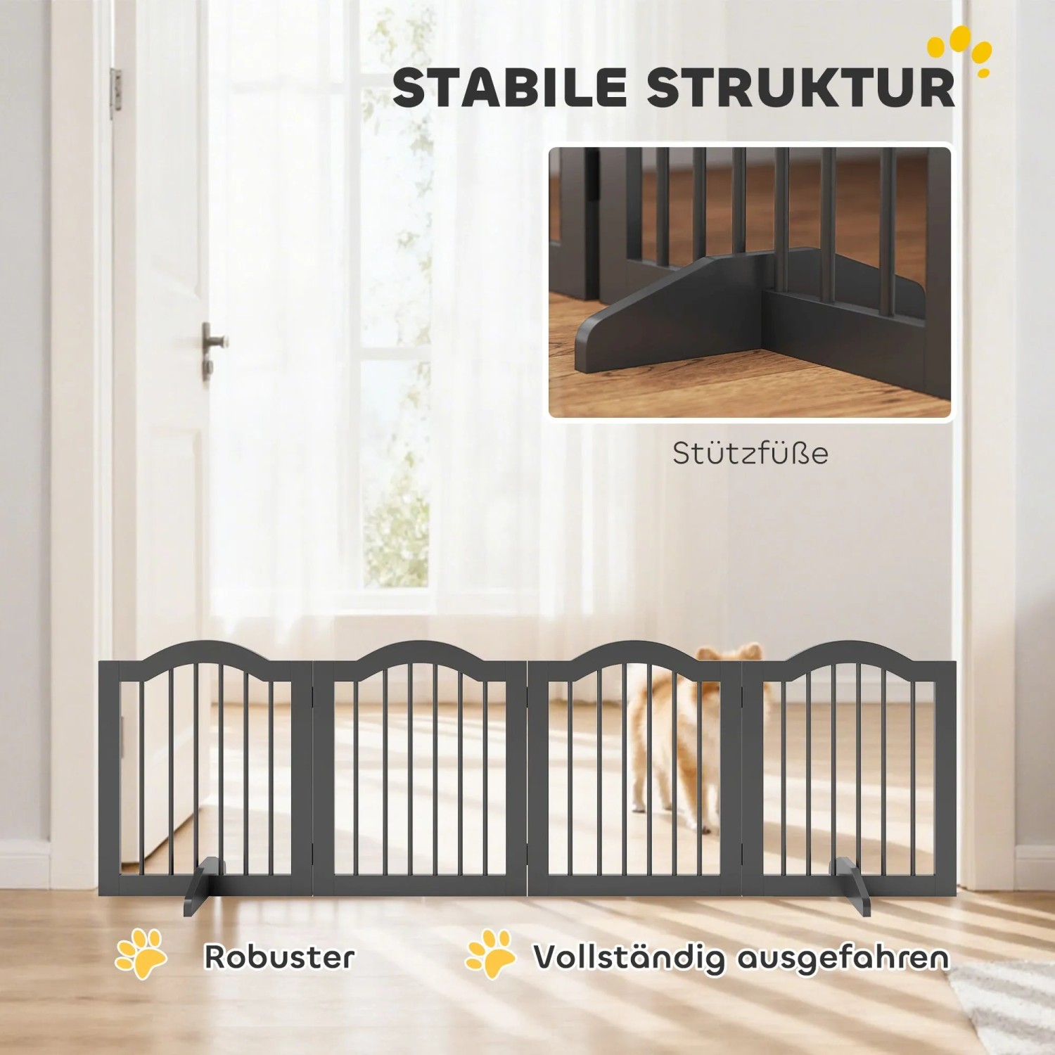 Schwarzes PawHut Hunde-Absperrgitter aus MDF, 208 cm breit, mit Stützfüßen, in einer Türöffnung. Für kleine Hunde.