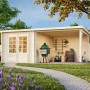 Palmako Ella Holz-Gartenhaus mit Flachdach und Anbau, unbehandelt im Garten.