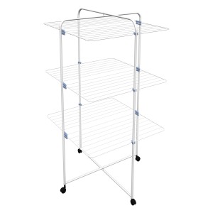 Weißer Gimi Turmwäscheständer Linear 3 mit drei Ebenen und Rollen.