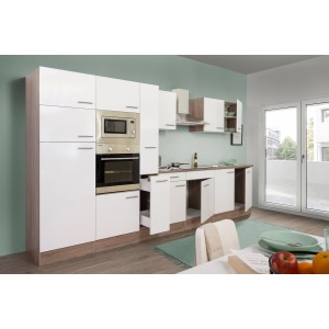 Respekta Küchenzeile KB360EYWMIGKE, 360 cm, Weiß Seidenglanz/Eiche York Nachbildung, mit E-Geräten.