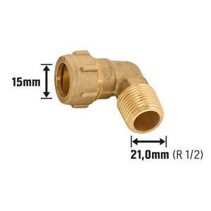 Klemmring-Winkel aus Messing, 15 mm x 21 mm (R 1/2), für Sanitär- und Heizungsinstallation.