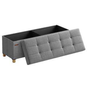 Graue Songmics Sitzbank Melisa mit Stauraum, klappbar, 38x110 cm. Sitzhocker mit offenem Deckel.