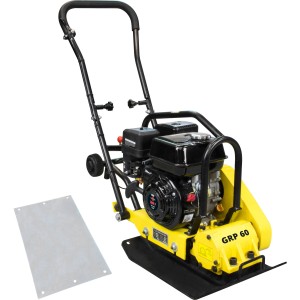 Güde Rüttelplatte GRP 60 in Gelb-Schwarz mit Stahlrahmen und Polyurethanmatte.