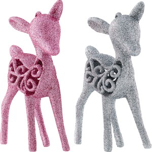 Baumschmuck-Set: 4 glitzernde Rentiere in Pink und Silber mit Lochmuster.