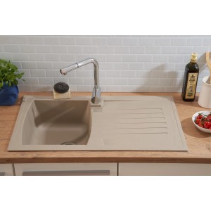 Respekta Einbauspüle Mineralite Boston, 86x50 cm, Sandbeige mit Abtropffläche und Armatur.