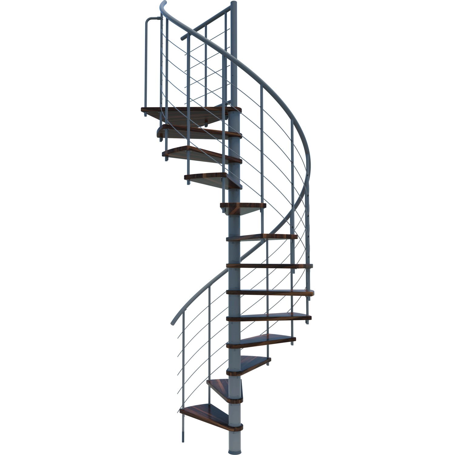 Spindeltreppe Venezia Smart in Walnuss/Grau, Innentreppe mit Holzstufen und grauem Metallgeländer.