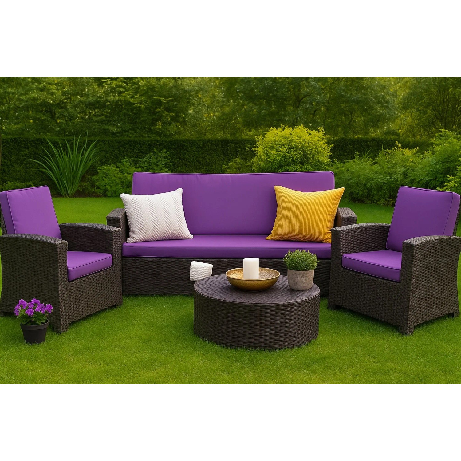 Violettes Gartenkissen-Set für Polyrattan-Möbel, bestehend aus Kissen für 2-Sitzer Sofa und Sesseln.
