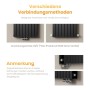 Schwarzer Emke Flachheizkörper mit G1/2" Anschlussmöglichkeiten. Zeigt flexible Montageoptionen für den Badheizkörper.