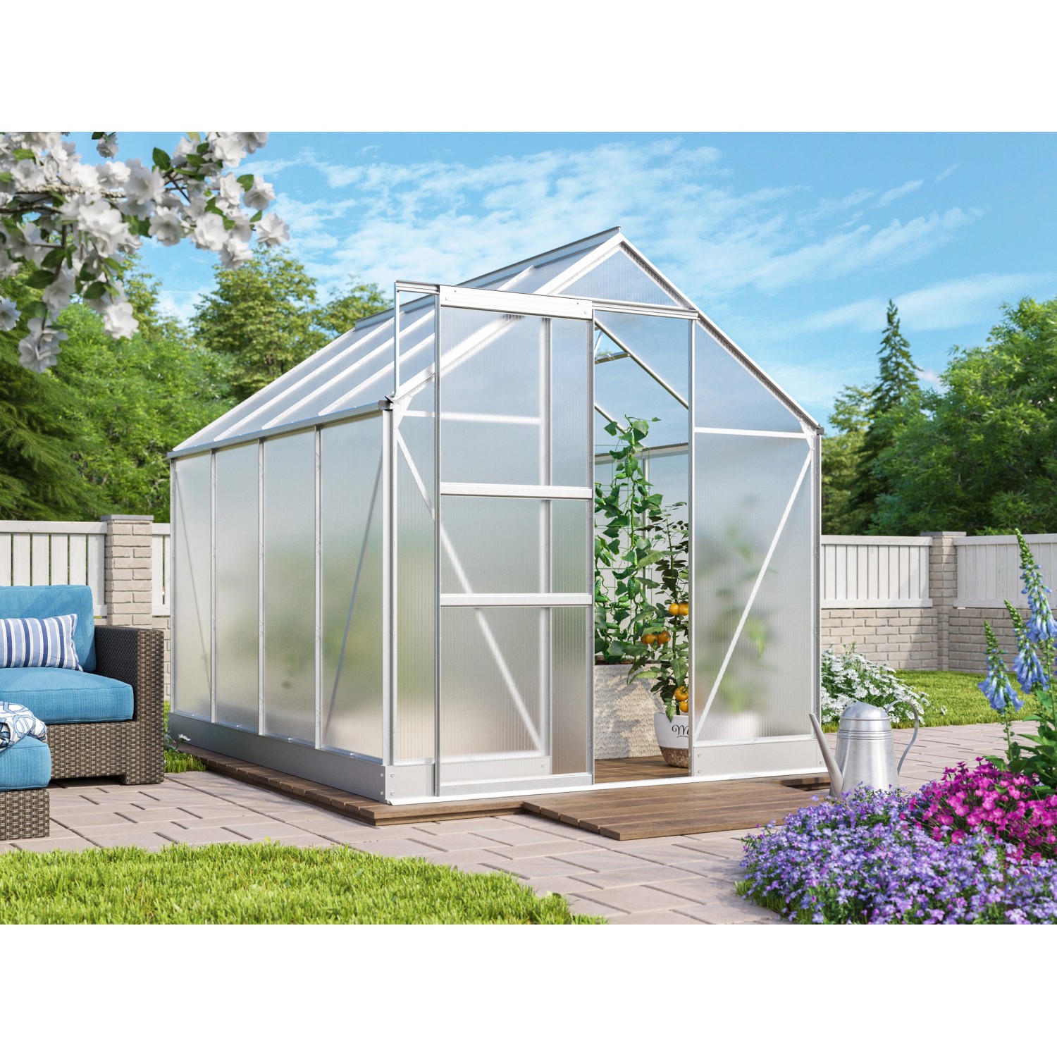 Gewächshaus Apollo 5000 mit Alu-Rahmen und Fundament im Garten.